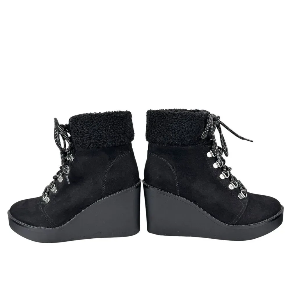 Esprit Roxy Womens Suede Wedge Faux Fur Ankle Bootie 7M‎ Black Lace Up Cozy